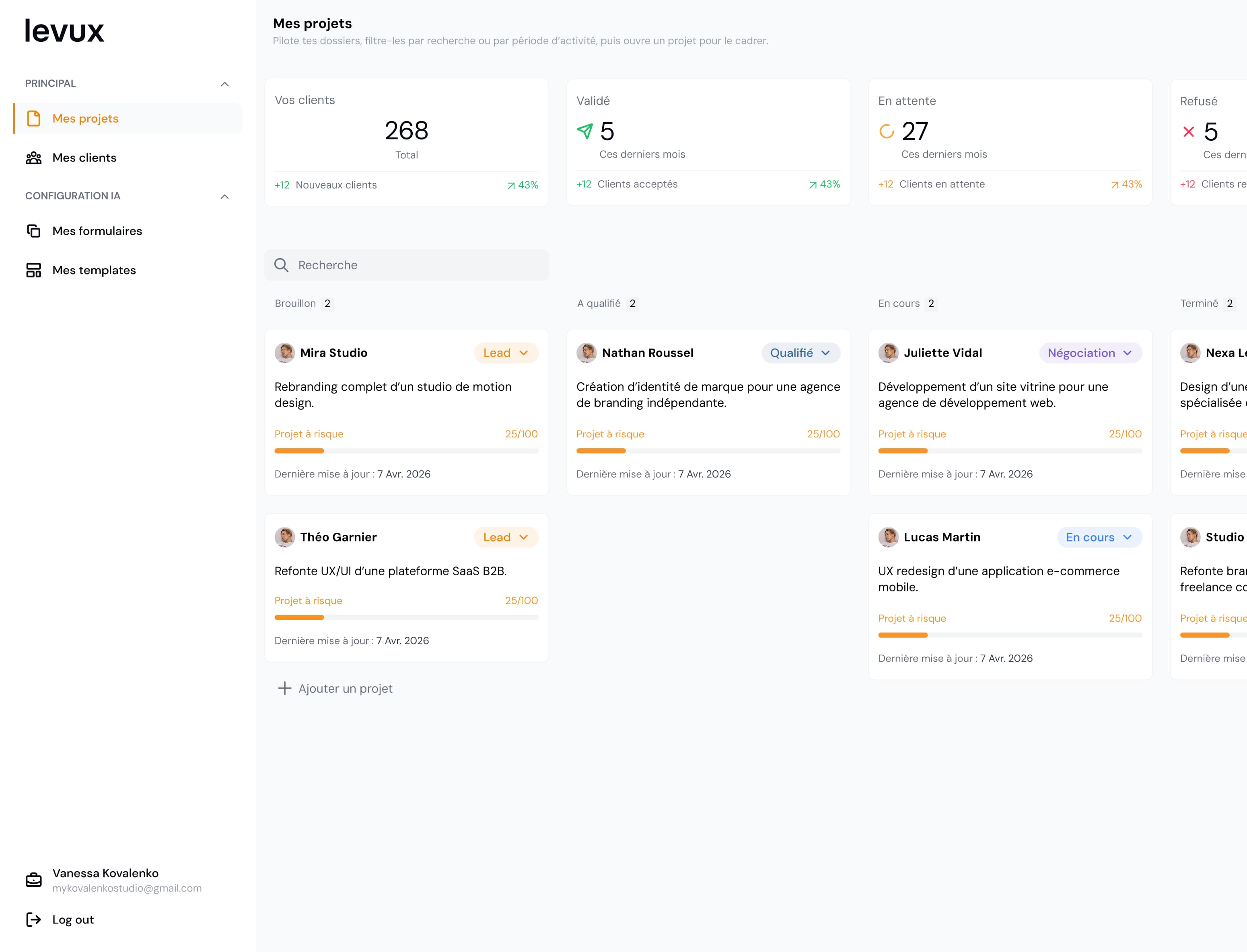 Interface Levux — cadrage de projet freelance