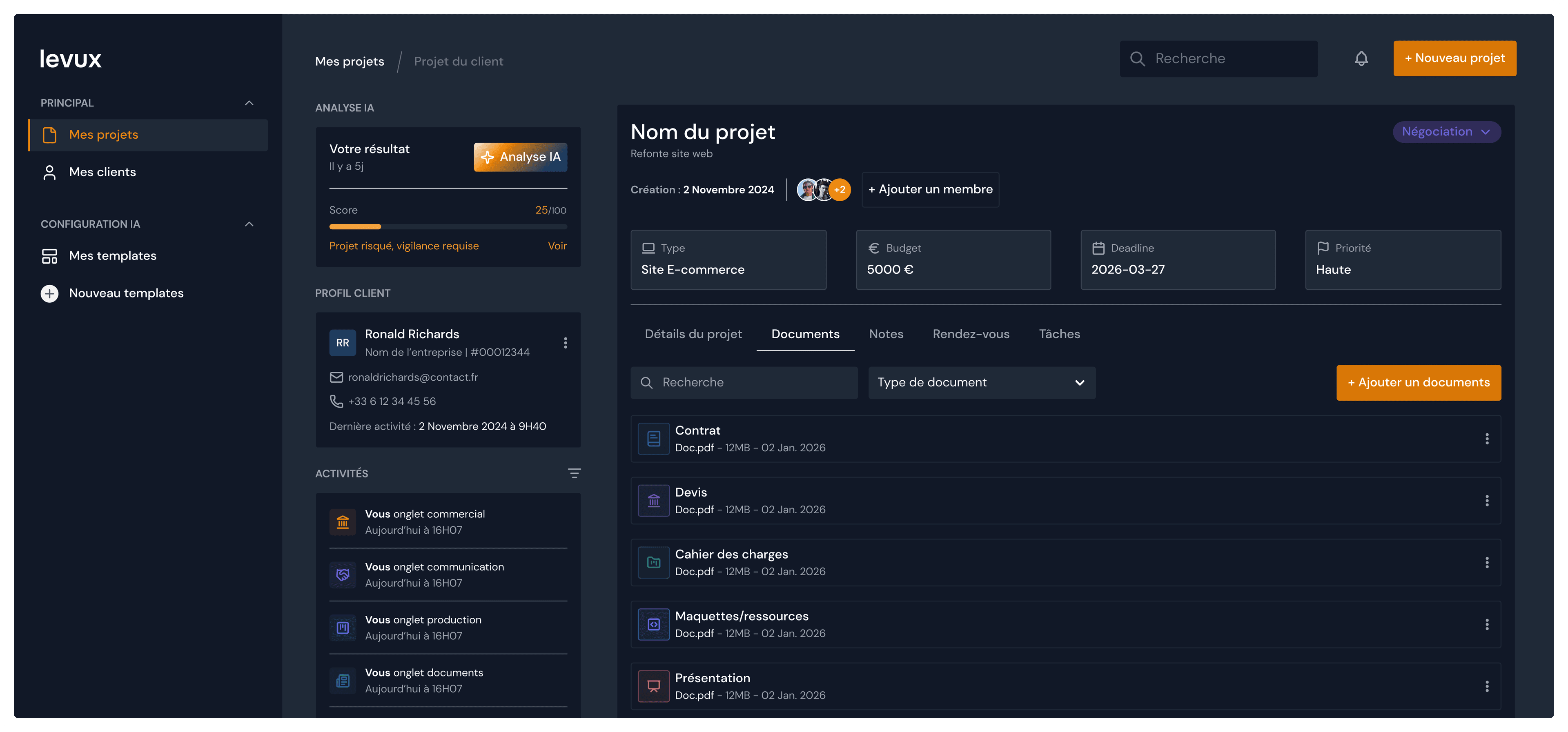 vue dashboard projets